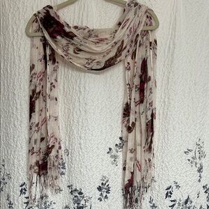 Floral Print Scarf with Tassels - Cream and Burgundy